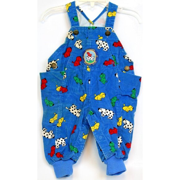 VTG Oshkosh Kennel Club Baby Boy 3-6 Mths Corduroy Overalls Romper Dogs Blue USA - Picture 1 of 12